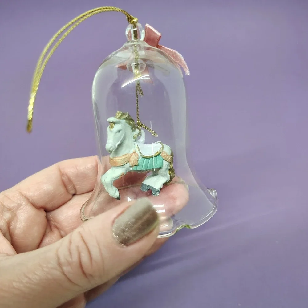 Carousel Horse Glass Bell Ornament Pink Bow‎ Christmas Decoration Retro 90s